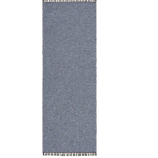 Niebieski dywan zewnętrzny z czarnymi frędzlami na taras