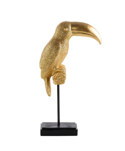 Złota figurka ozdobna tukan o ciekawej strukturze ze zdobieniami.