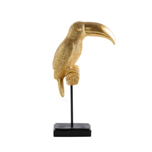 Złota figurka ozdobna tukan o ciekawej strukturze ze zdobieniami.