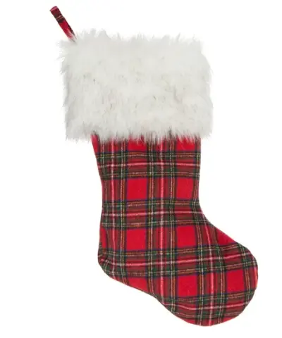 Skarpeta świąteczna w czerwoną kratę z białym futerkiem.