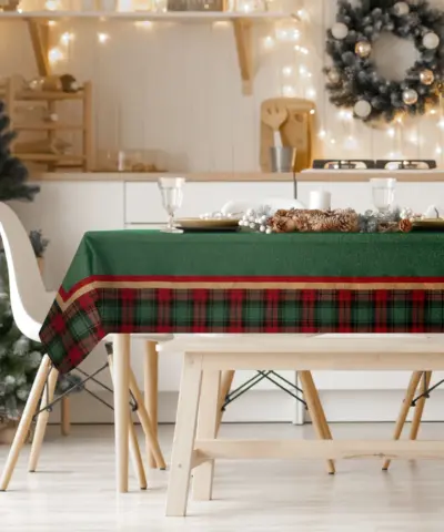 Obrus świąteczny zielony z kratą ozdobną na wigilijny stół.