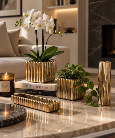 Złota ryflowana donica Deco Gold - 15x15 cm